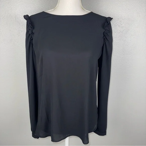 Loft Womens XS Black Blouse Top Long Sleeve w/ Ruffle Back Cutout Semi Sheer NWT - Picture 2 of 10